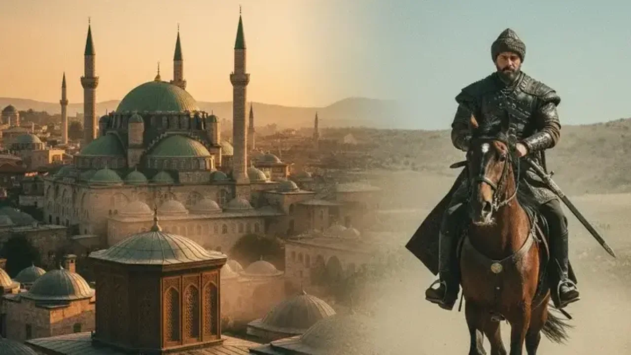 A split view showing the historic Ottoman capital Bursa with its green-domed mosques and tombs, seamlessly blending into a cinematic scene of a warrior from a Turkish historical drama, highlighting Bursa's lasting legacy and its modern media portrayal.